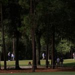 Ernie Els, izquierda, y Jason Bohn, derecha, juegan sus tiros en el hoyo 13 durante la segunda ronda del torneo de golf Constellation Furyk & Friends PGA Tour Champions el sábado 7 de octubre de 2023 en Timuquana Country Club en Jacksonville, Florida. [Corey Perrine/Florida Times-Union]