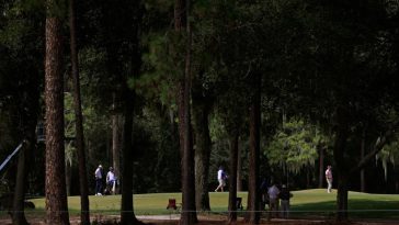 Ernie Els, izquierda, y Jason Bohn, derecha, juegan sus tiros en el hoyo 13 durante la segunda ronda del torneo de golf Constellation Furyk & Friends PGA Tour Champions el sábado 7 de octubre de 2023 en Timuquana Country Club en Jacksonville, Florida. [Corey Perrine/Florida Times-Union]