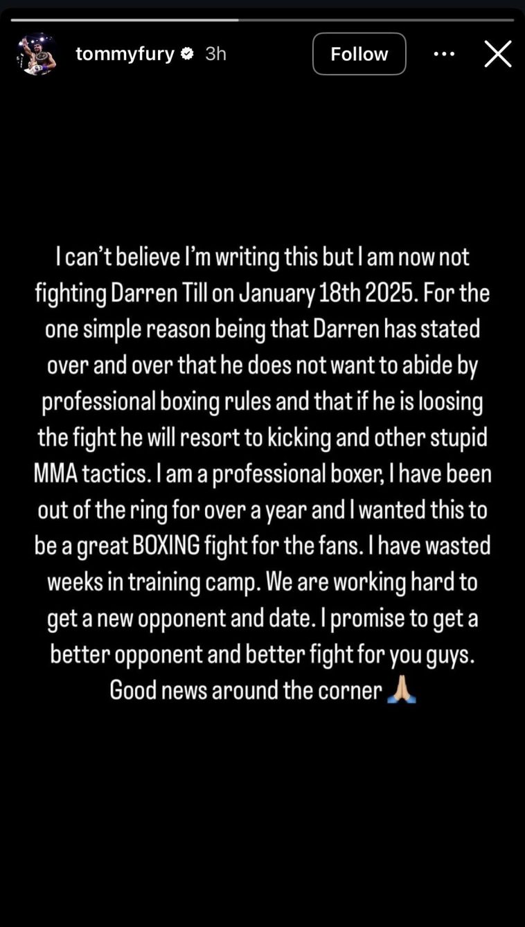 Tommy Fury no boxeará con Darren Till por amenazas de patadas, Till responde