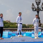 Podio masculino de los Juegos Olímpicos de París 2024 - Alex Yee, Hayden Wilde, Leo Bergere