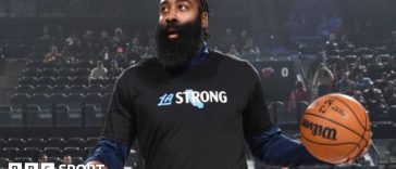 LA Clippers player James Harden wears a t-shirt saying LA Strong ahead of Monday's game