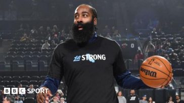 LA Clippers player James Harden wears a t-shirt saying LA Strong ahead of Monday's game