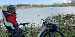 niño sentado en un asiento de bicicleta para niños montado en un portaequipajes mirando a los patos