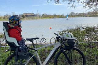 niño sentado en un asiento de bicicleta para niños montado en un portaequipajes mirando a los patos