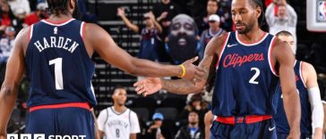 James Harden and Kawhi Leonard celebrate