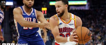 Stephen Curry playing for the Golden State Warriors.