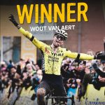 Wout van Aert de Visma-Lease a Bike gana el Superprestige Gullegem y hace una mueca para saludar el cumpleaños de su hijo