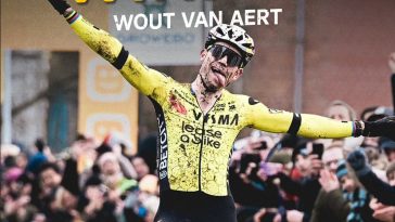 Wout van Aert de Visma-Lease a Bike gana el Superprestige Gullegem y hace una mueca para saludar el cumpleaños de su hijo