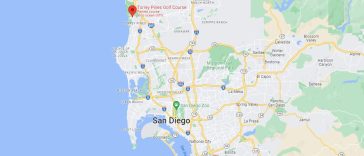 Un mapa que muestra los campos de golf de Torrey Pines en California