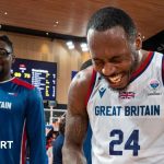 Great Britain basketkball players celebrate qualifying for EuroBasket 2025 after beating the Netherlands