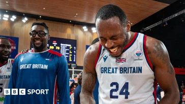 Great Britain basketkball players celebrate qualifying for EuroBasket 2025 after beating the Netherlands