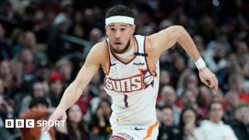 Devin Booker preparing to throw his three-pointer than broke the Phoenix Suns' scoring record.